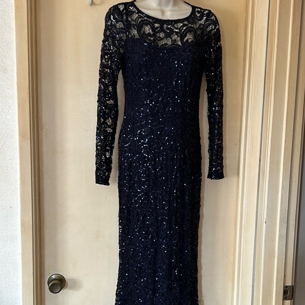 Marina navy blue sequin full length gown with lace size S